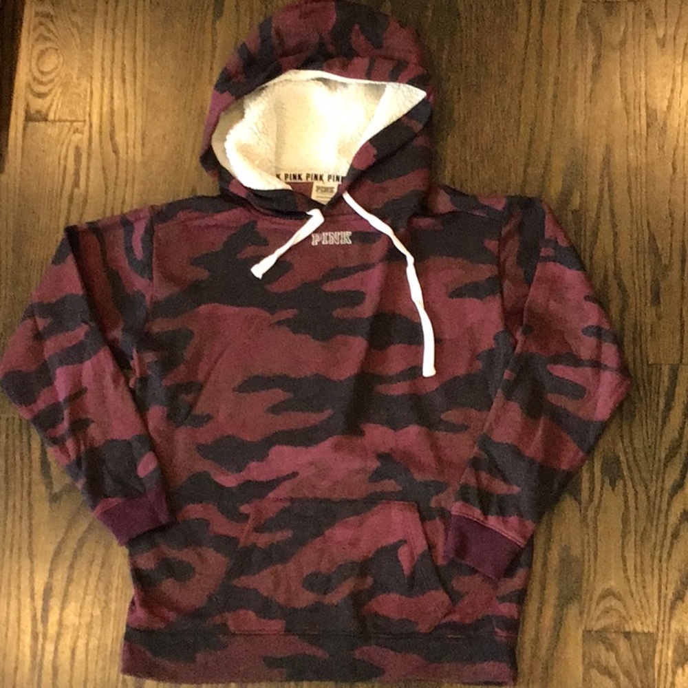 PINK Maroon Camo Hoodie Silver Sequins small EUC